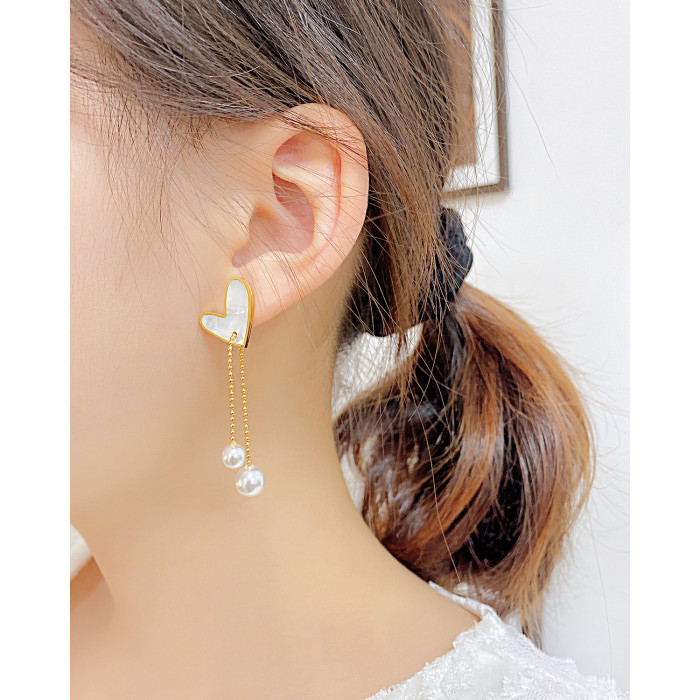 Ornament Fashion Pearl Texture Tassel Stud Earrings Stainless Steel Simple Love Shell Earrings
