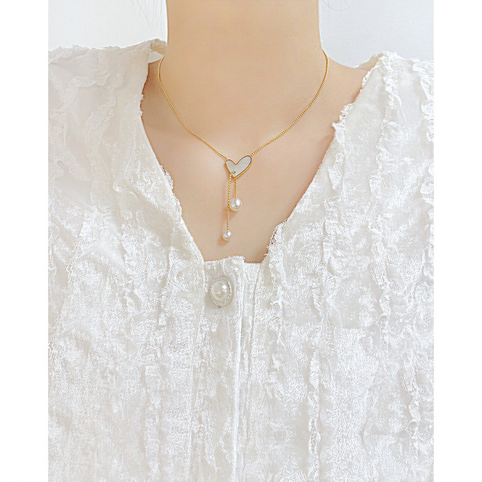 Ornament Wholesale All-Match Stainless Steel Heart Clavicle Chain Tassel Pearl Texture Peach Heart Necklace Accessories