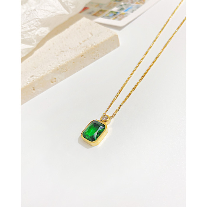 Ornament Japanese and Korean Fashion Square Emerald Glass Stone Pendant Personality Retro Stainless Steel Necklace