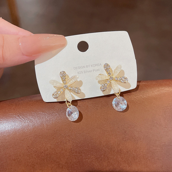 Korean Crystal Zircon Flower Pendant Earrings For Women Opal Heart Dangle Earrings For Birthday Gift Party Jewelry