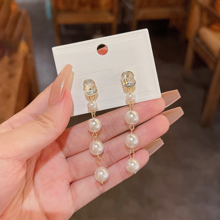 Korean New Elegant Square Crystal Waterdrop Pearl Long Earrings for Women Fashion Ear Accessories Dangle