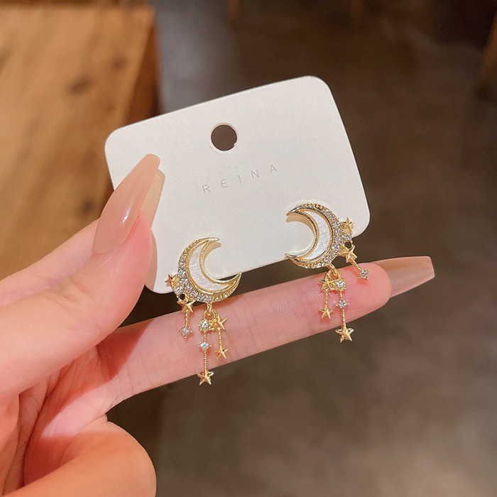 Korean Simple Trendy Starry Series Rhinestones Tars Moon Dangle Earrings for Women Girl Fashion Jewelry Accessories