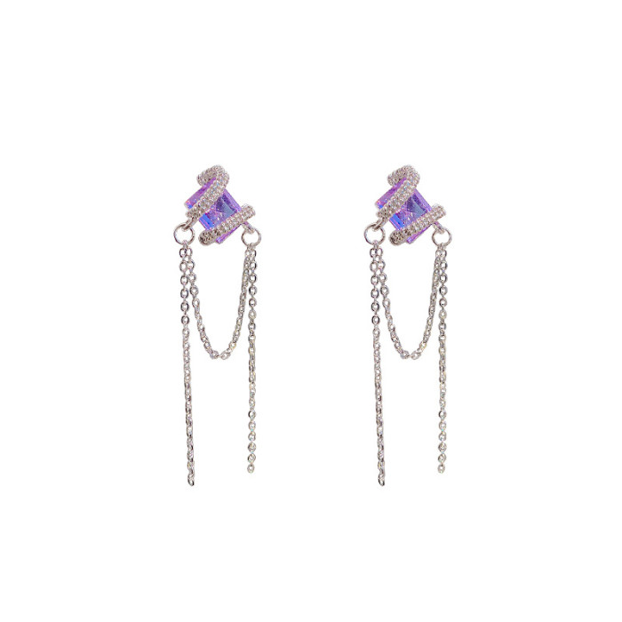 Silver Color Simple Blue Crystal Square Long Tassel Earrings Dangle Earrings for Women Girls Gifts