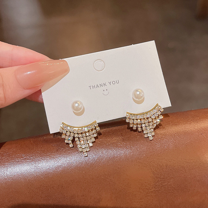 Fashion Zircon Pearl Pendant Back Hanging Earrings Simple Trendy Solid Color Tassel Rhinestone Pearls Ear Studs Jewelry