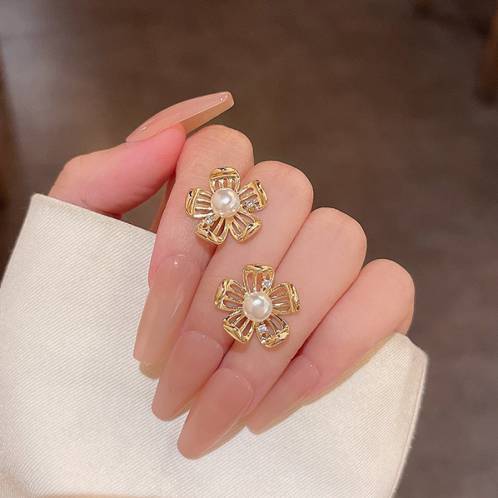 Elegant Sweet Pearl Flower Stud Earrings For Woman Girls Korean Celebrity Accessories Student Party Jewelry Gifts