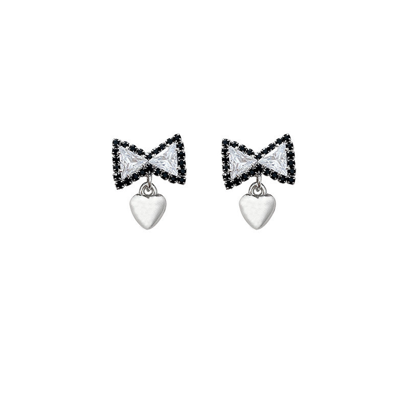New Korean Style Black Zircon Bow Love Heart Earrings Sweet Small Cute Heart Shaped Earrings