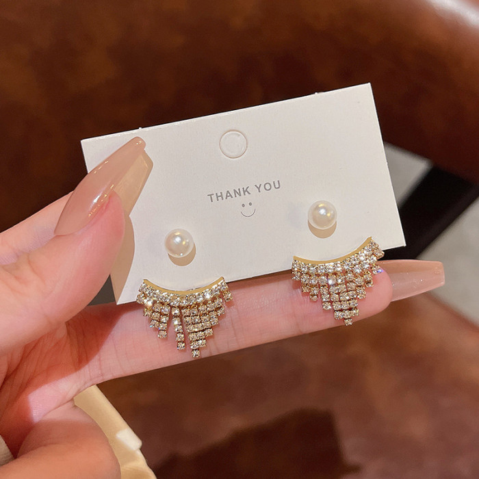 Fashion Zircon Pearl Pendant Back Hanging Earrings Simple Trendy Solid Color Tassel Rhinestone Pearls Ear Studs Jewelry