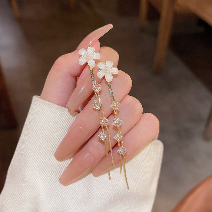 Classic Tassel Opal Crystal Flower Long Gold Color Earrings Fashion Female Jewelry