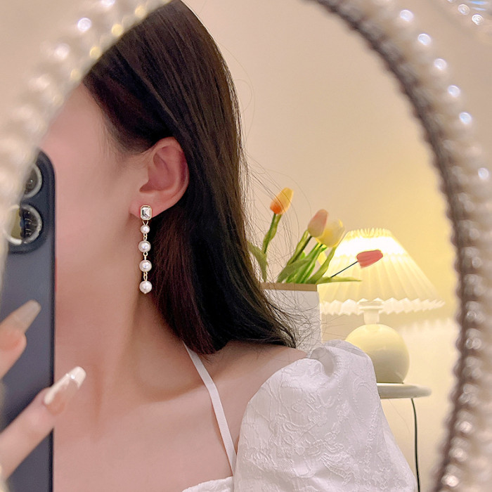 Korean New Elegant Square Crystal Waterdrop Pearl Long Earrings for Women Fashion Ear Accessories Dangle