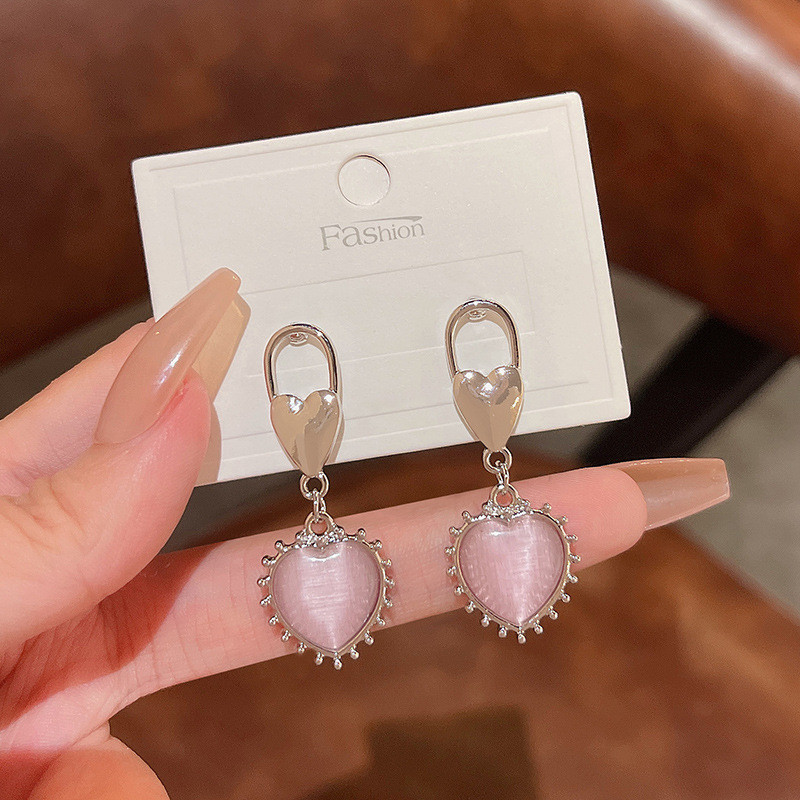 Fashion Women Pink Opal Heart Stud Earrings Unique Spikes Chain Earrings For Female Birthday Jewelry Gifts