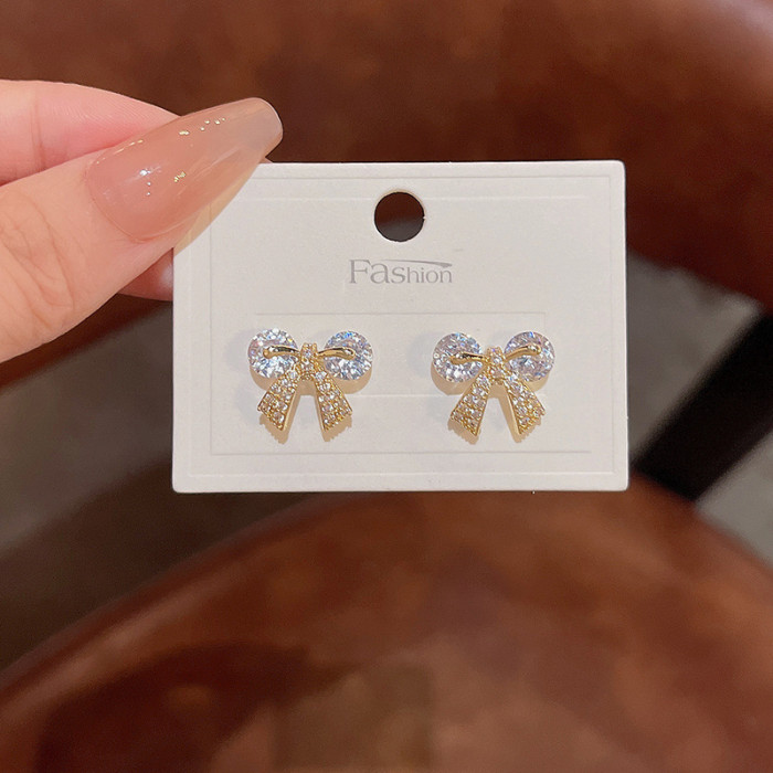 Zircon Crystal Bow Stud Earrings for Women Heart Shape Bowknot Earring Girl New Year Festival Jewelry