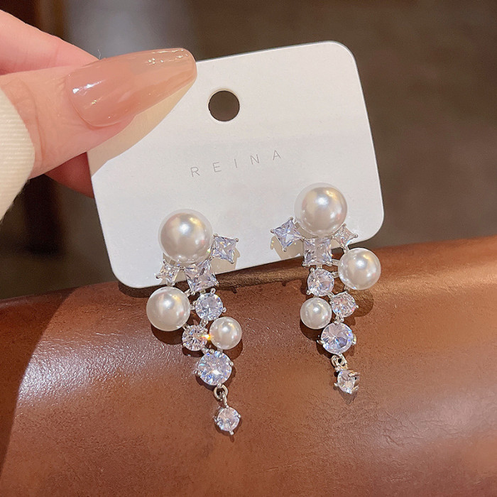 Korean Fashion Long Pearl Tassel Earrings for Women Crystal Zircon Earring Valentines Day Gift Designer Jewelry
