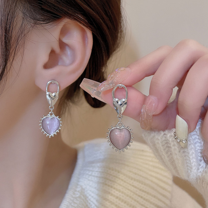 Fashion Women Pink Opal Heart Stud Earrings Unique Spikes Chain Earrings For Female Birthday Jewelry Gifts