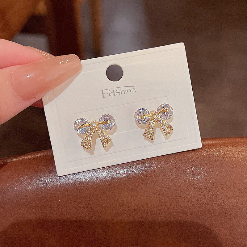 Zircon Crystal Bow Stud Earrings for Women Heart Shape Bowknot Earring Girl New Year Festival Jewelry