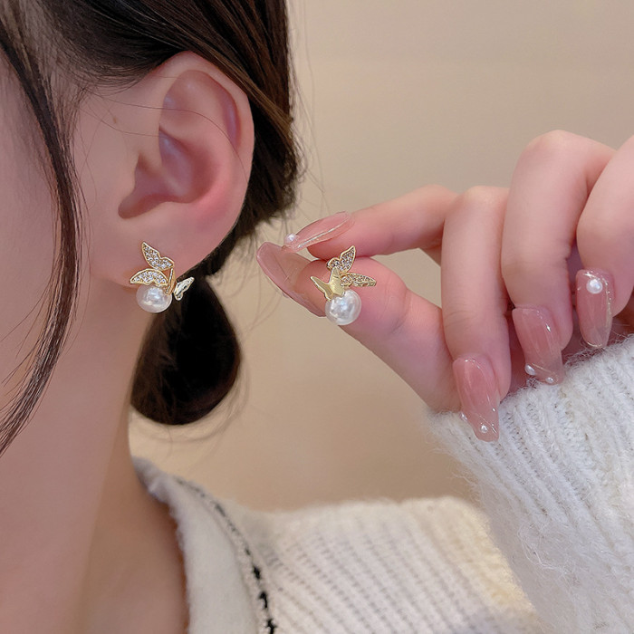 Fashion Hot Selling Earrings Simple Trendy Crystal Butterfly Pearl Ear Nail Earrings Women Manufacturers