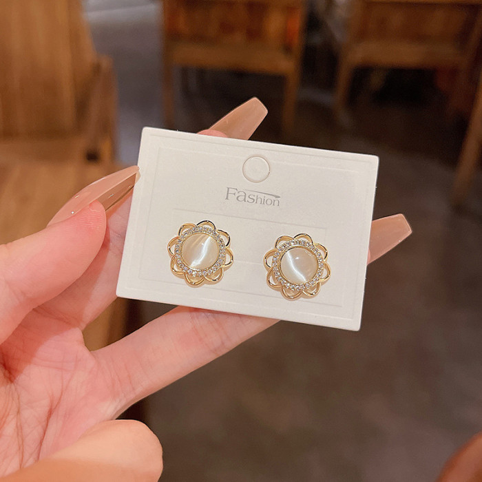 Elegant Sun Flower Stud Earrings for Women Sparkling Opal Earrings Fine Engagement Jewelry