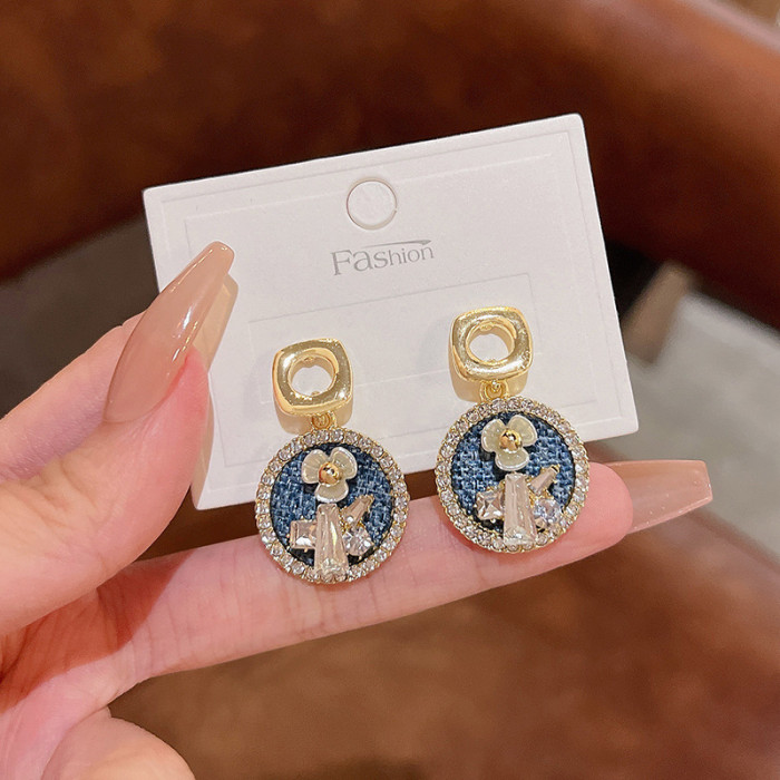 New Trendy Round Flowers Drop Earrings for Women Vintage Zircon Dangle Earring Gift Wholesale