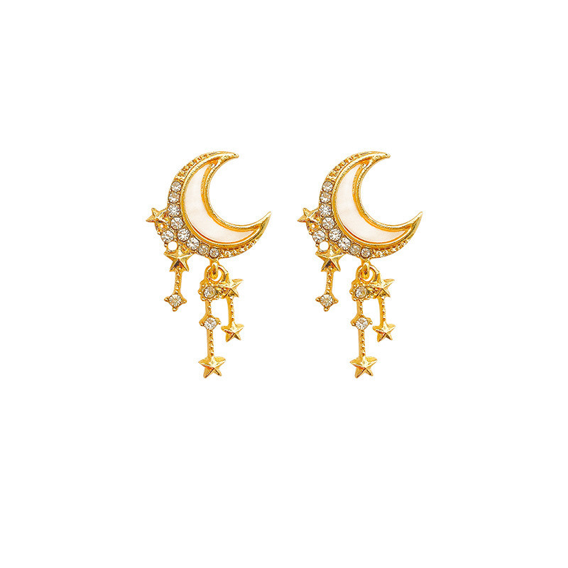 Korean Simple Trendy Starry Series Rhinestones Tars Moon Dangle Earrings for Women Girl Fashion Jewelry Accessories