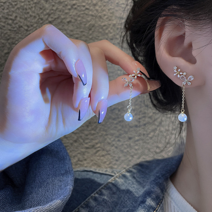 Long Dangle Earrings for Women Micro Inlaid Zircon Fairy Butterfly Flower Pearl Tassel Earrings