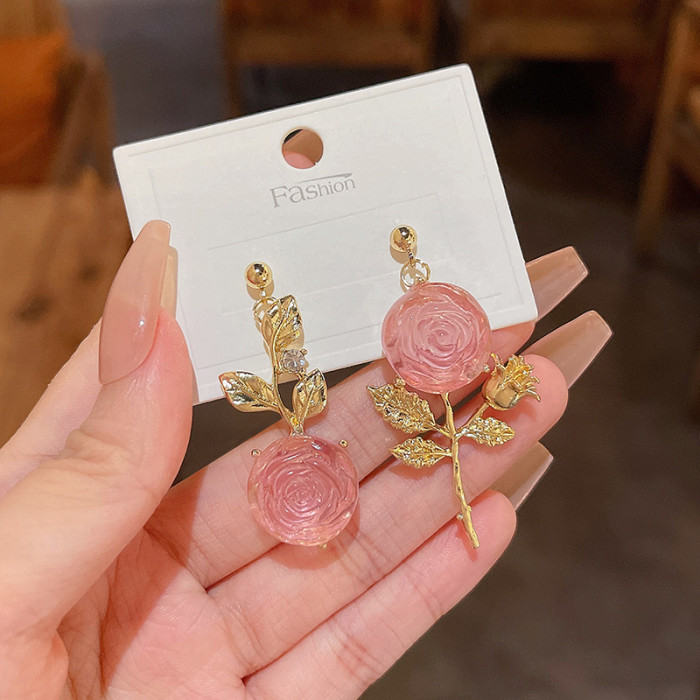 Korean Fashion Jewelry Exaggerated Earrings New Style Korean Women Ol Pink Rose Imitation Pearl Crystal Earrings Wholesale