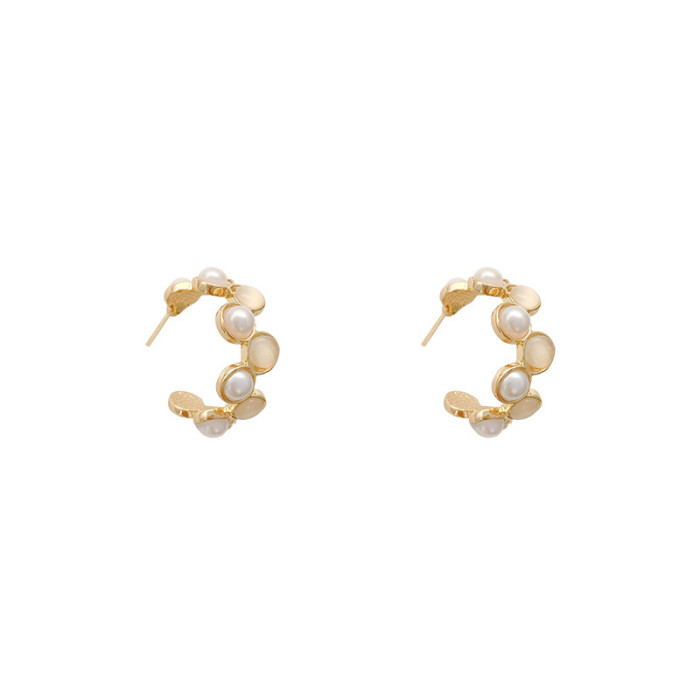 Pearl Retro C Shaped Opal Eardrop Earring New Trendy  Elegant Light Luxury High Grade Earrings