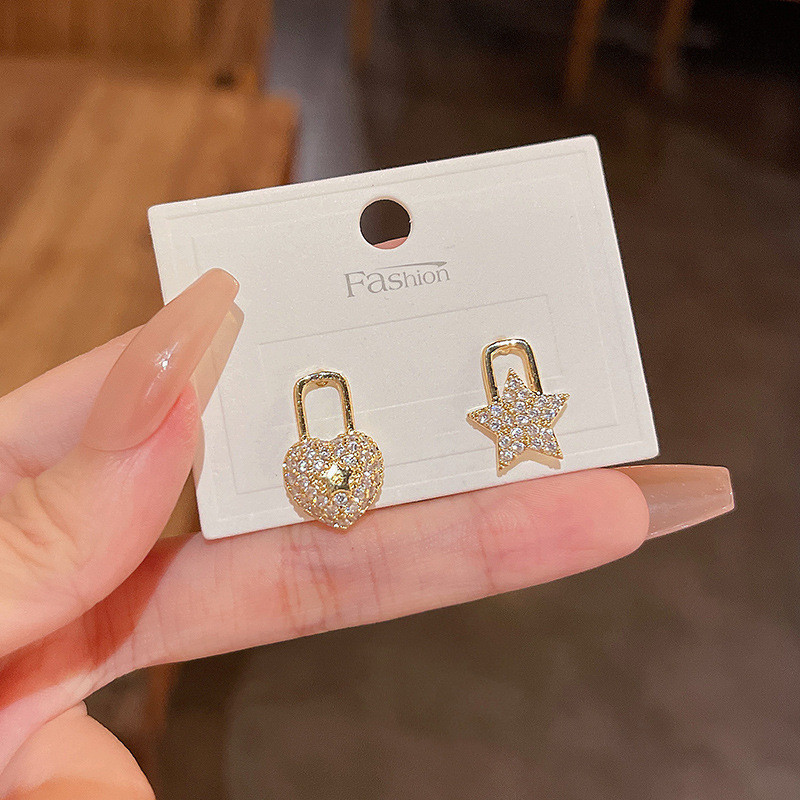 Star Heart Pattern Lock Shape Stud Earrings for Women Cute Padlock Ear Stud Piercing Jewelry Gift