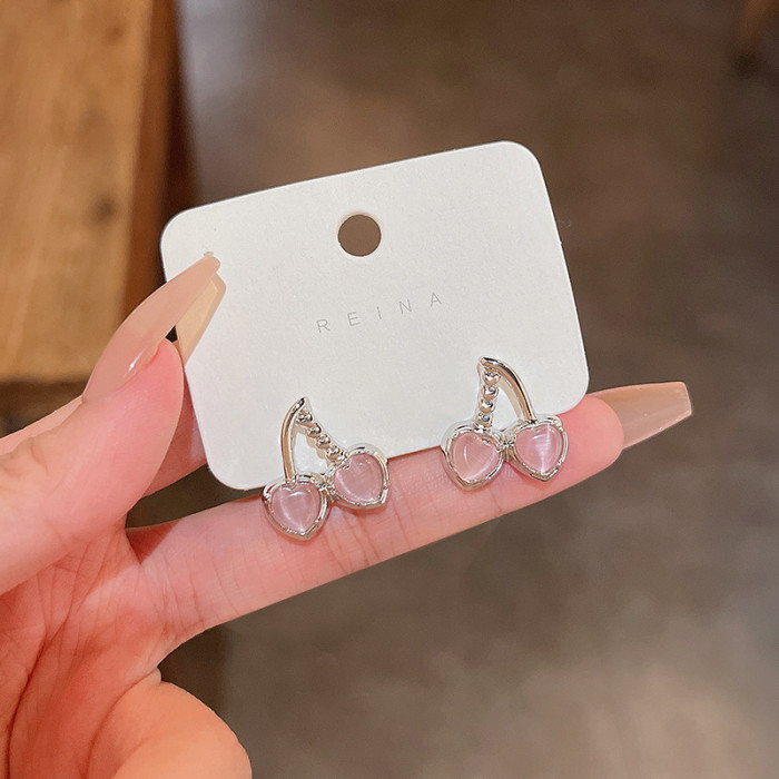 Pink Opal Cherry Fruit Crystal Leaf Golden Plant Stud Earrings for Women Piercing Jewelry
