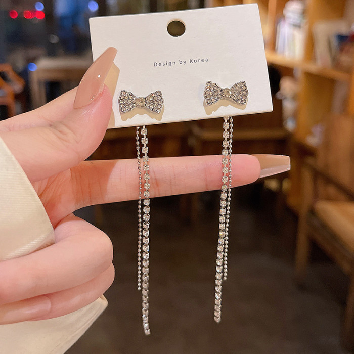 Zircon Bow Tassel Dangle Earrings Plated Crystal for Women Fashion Jewelry Wedding Accessorie