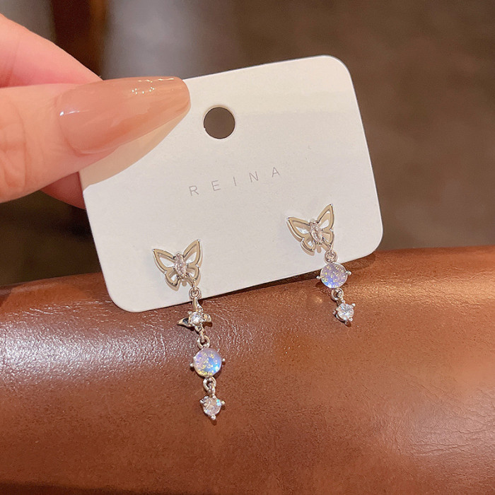 2022 Stamp Butterfly Flash Zircon Tassel Chain Irregular Earrings Super Fairy Fashion Silver Color Jewelry