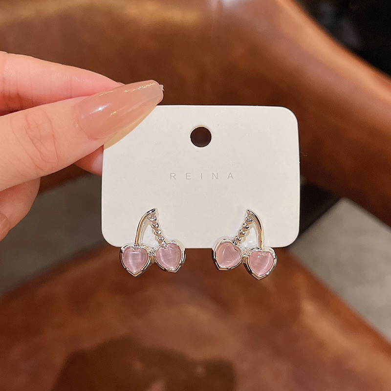 Pink Opal Cherry Fruit Crystal Leaf Golden Plant Stud Earrings for Women Piercing Jewelry