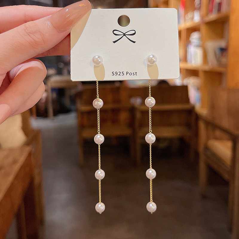 Wholesale Style Tassel With Pearl Ladies Long Earrings Korea Simulation Pearl Long Chain Wedding Jewelry