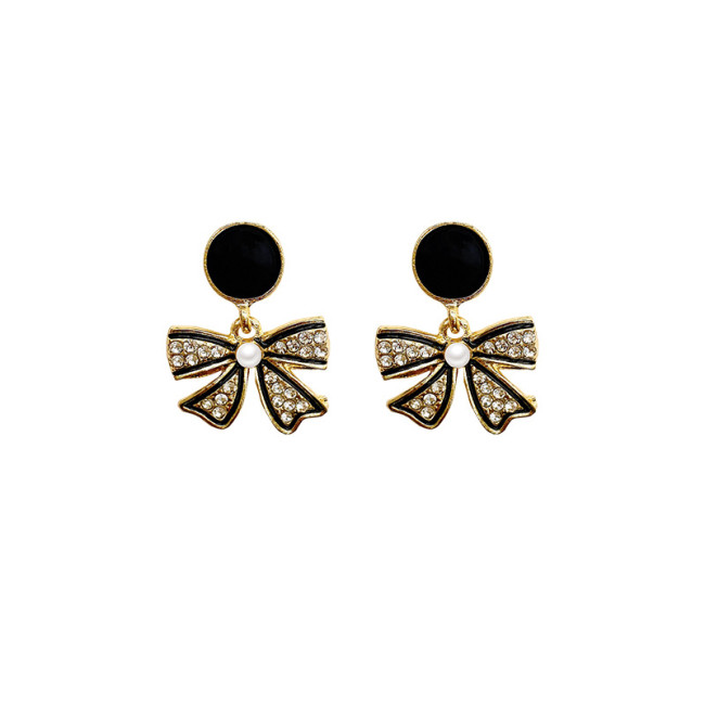 Korean Style Black Bowknot Dangle Earrings for Women Rhinestone Weddings Party Jewelry Accessories