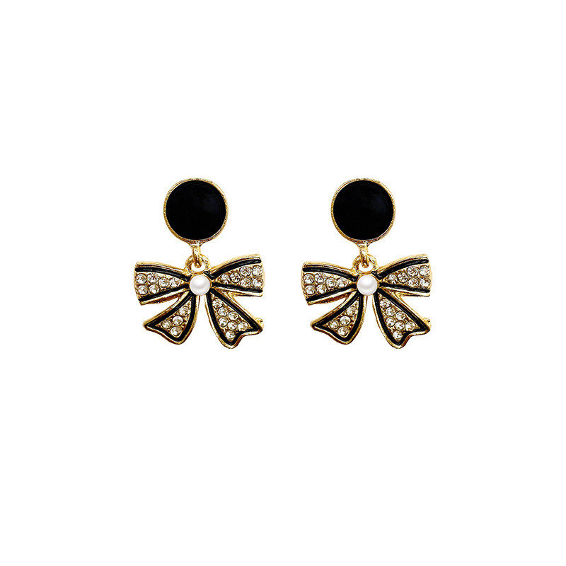 Korean Style Black Bowknot Dangle Earrings for Women Rhinestone Weddings Party Jewelry Accessories