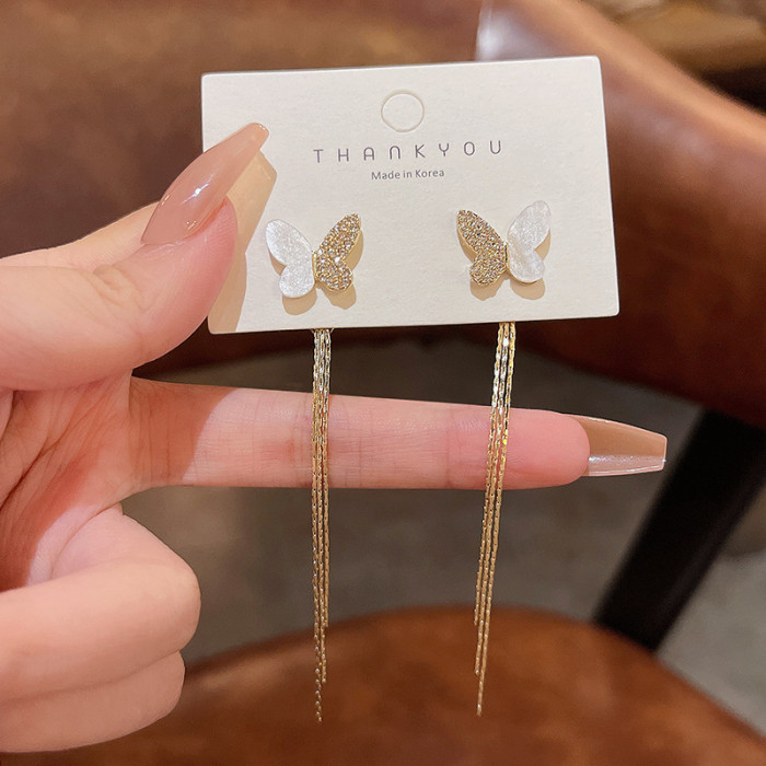 Long Tassel Butterfly Drop Earrings Silver Color Fashion Hanging Women Summer Jewelry Girls Party Gift