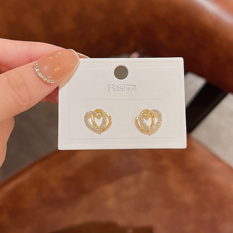 Hot Sale Double Layers Hollow Heart Women Earring Fashion Design Inlaid Zircon Love Jewelry Birthday Gfit