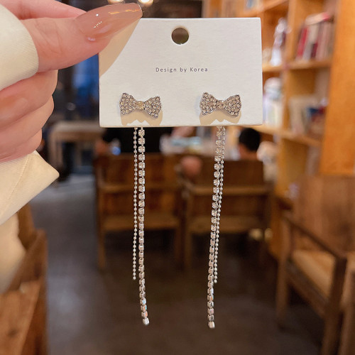 Zircon Bow Tassel Dangle Earrings Plated Crystal for Women Fashion Jewelry Wedding Accessorie