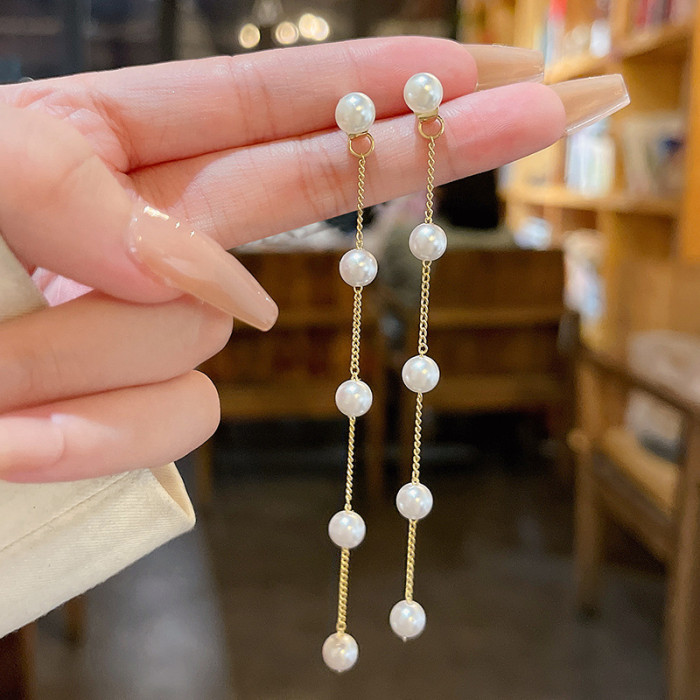 Wholesale Style Tassel With Pearl Ladies Long Earrings Korea Simulation Pearl Long Chain Wedding Jewelry