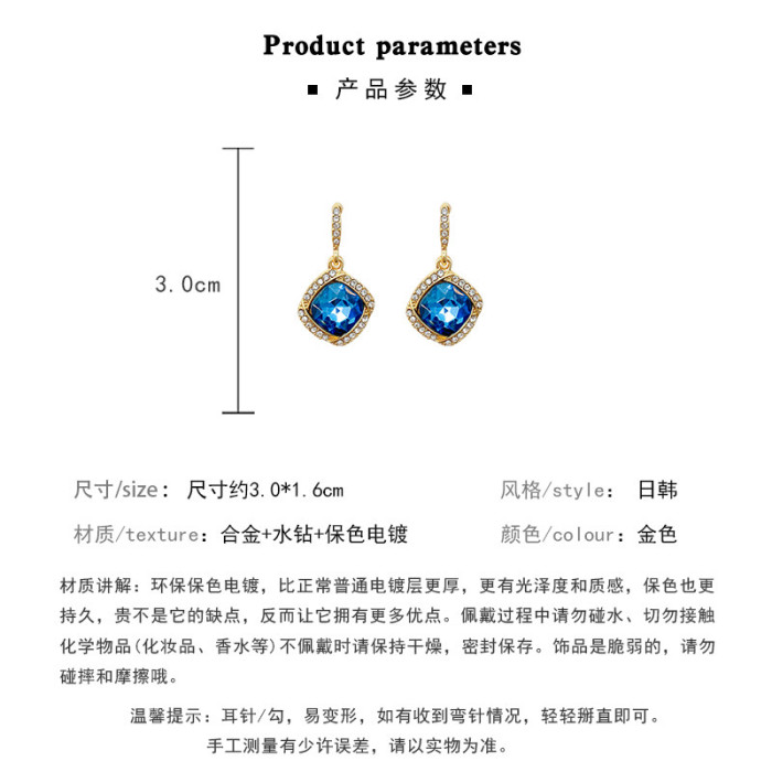 Trendy Blue Zircon Crystal Earrings for Women Square Blue Stone Valentines Day Gift Jewelry