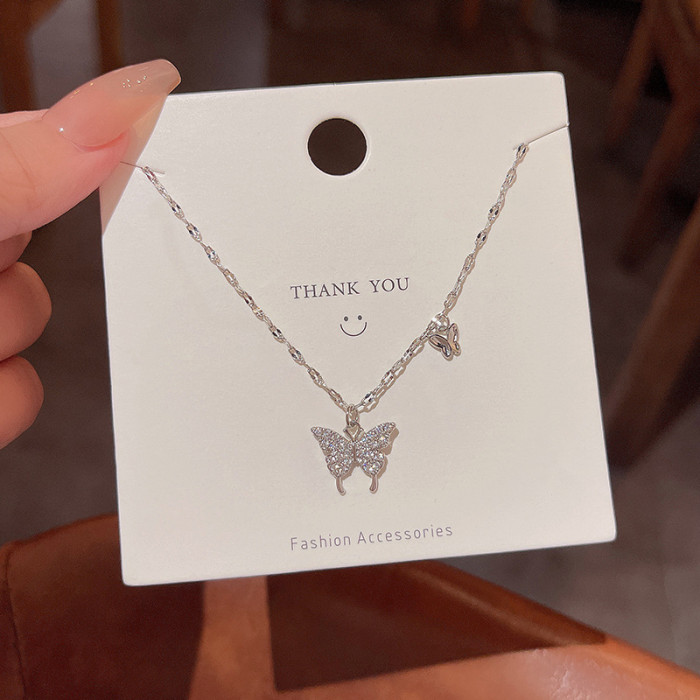 Wholesale Fashion Stainless Steel Animal Butterfly Necklace for Women Double Layer Clavicle Chain Crystal Zircon Pendant Jewelry