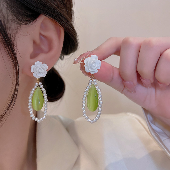 Hot Sale Vintage Opal Stone Flower Drop Earrings For Women Cute Waterdrop Pendientes Jewelry