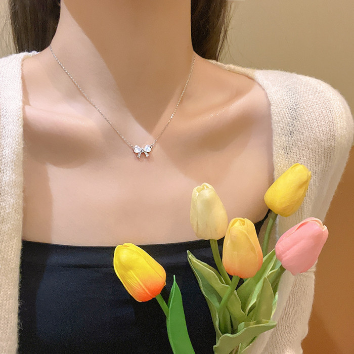 Wholesale High Quality Fire Opal Bow Pendant Delicate Thin Gold Color Chain Necklace for Girls Jewelry Party