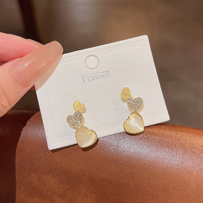 Opal Heart Three Heart Earring for Women Korea Fashion Jewelry Accessories