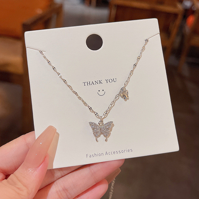 Wholesale Fashion Stainless Steel Animal Butterfly Necklace for Women Double Layer Clavicle Chain Crystal Zircon Pendant Jewelry