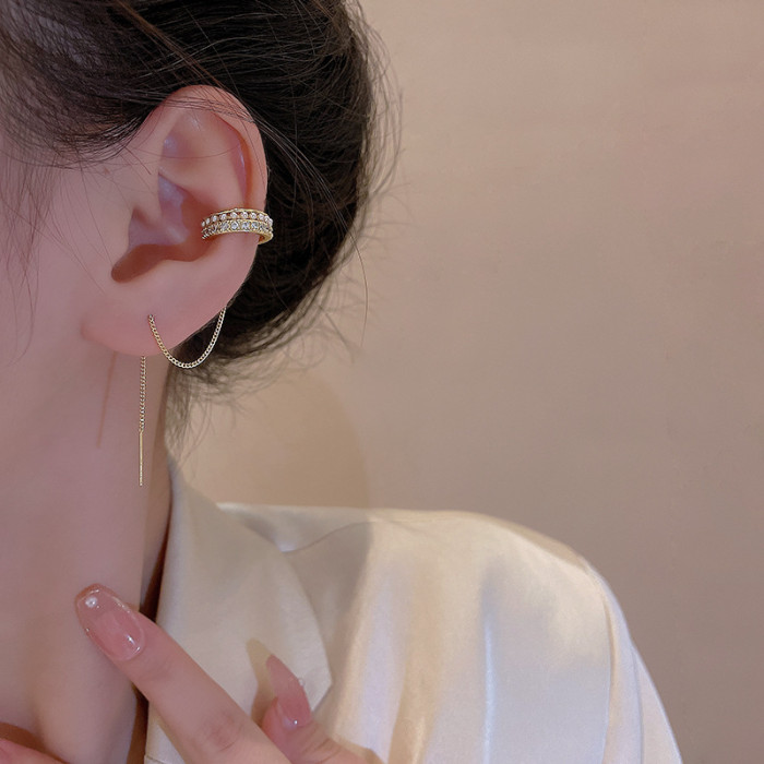 Fashion Silver Color Double Layers Crystal Tassel Ear Cuff for Women Fake Piercing Ear Cuff Clip On Earrings Jewelry