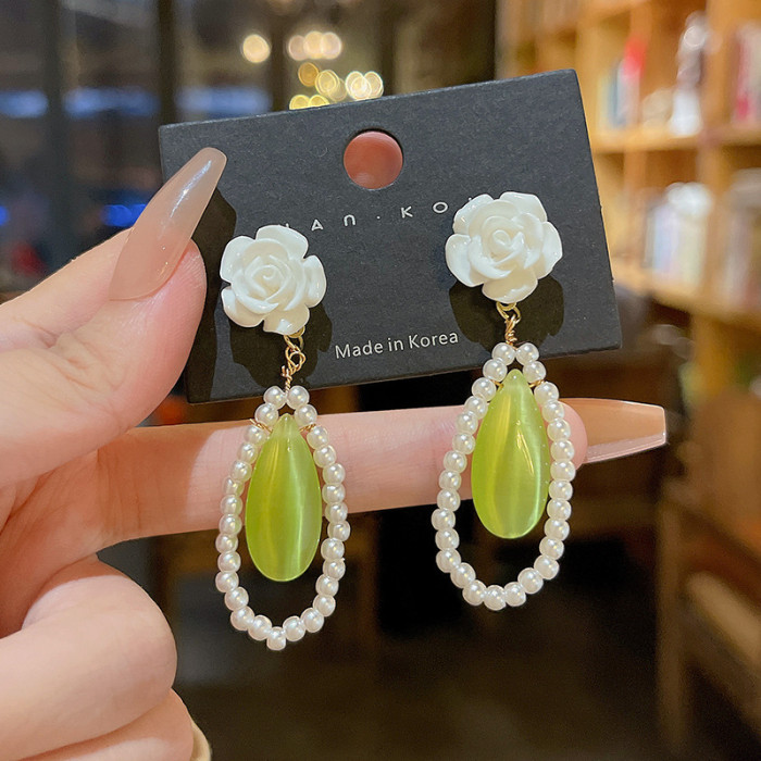 Hot Sale Vintage Opal Stone Flower Drop Earrings For Women Cute Waterdrop Pendientes Jewelry