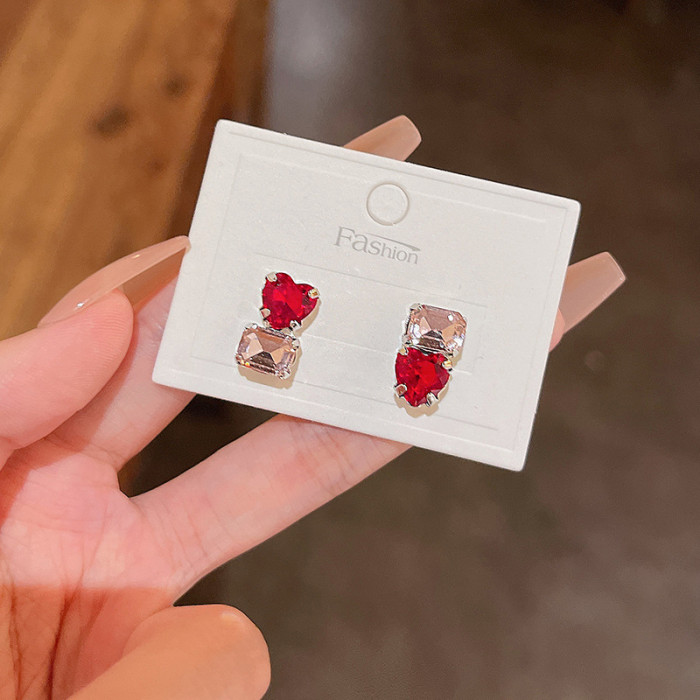 Fine Irregular Wholesale Red Heart Pink Square Stud Earring Female Fashion Accessories Crystals Bridal Jewelry