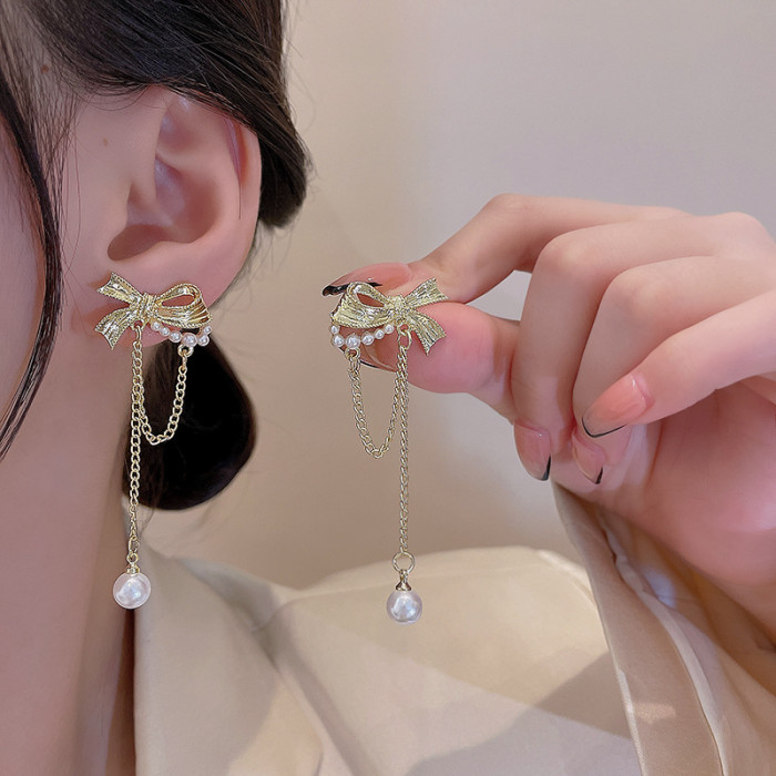 Wholesale Gold Color Long Tassel Pearl Bow Clip on Earrings for Women No Piercing Ears Trendy Long Chain Bowknot Female