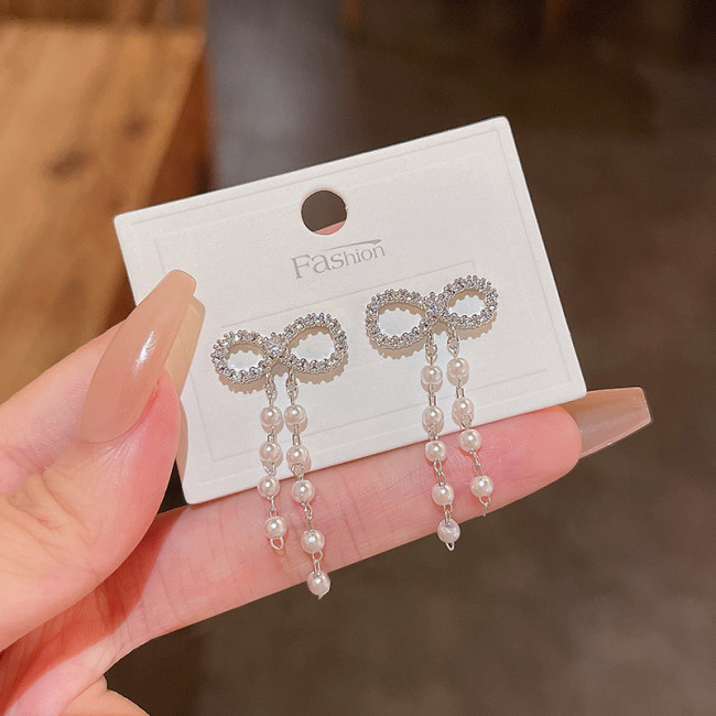 Wholesale New Inlaid Zircon Bow Pearl Tassel Earrings Korean Sexy Women Jewelry Trendy Party Wedding