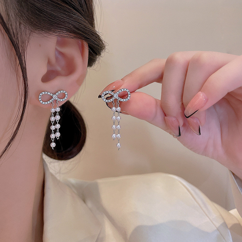 Wholesale New Inlaid Zircon Bow Pearl Tassel Earrings Korean Sexy Women Jewelry Trendy Party Wedding