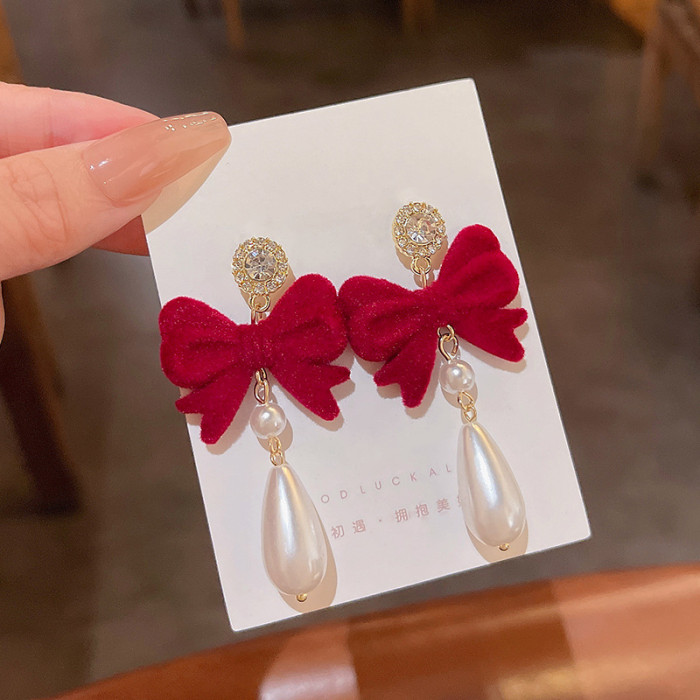 Wholesale Big Bow Pearls Gold Color Rhinestone Tassel Crystal Long Earrings Women Wedding Jewelry Accessories 2022